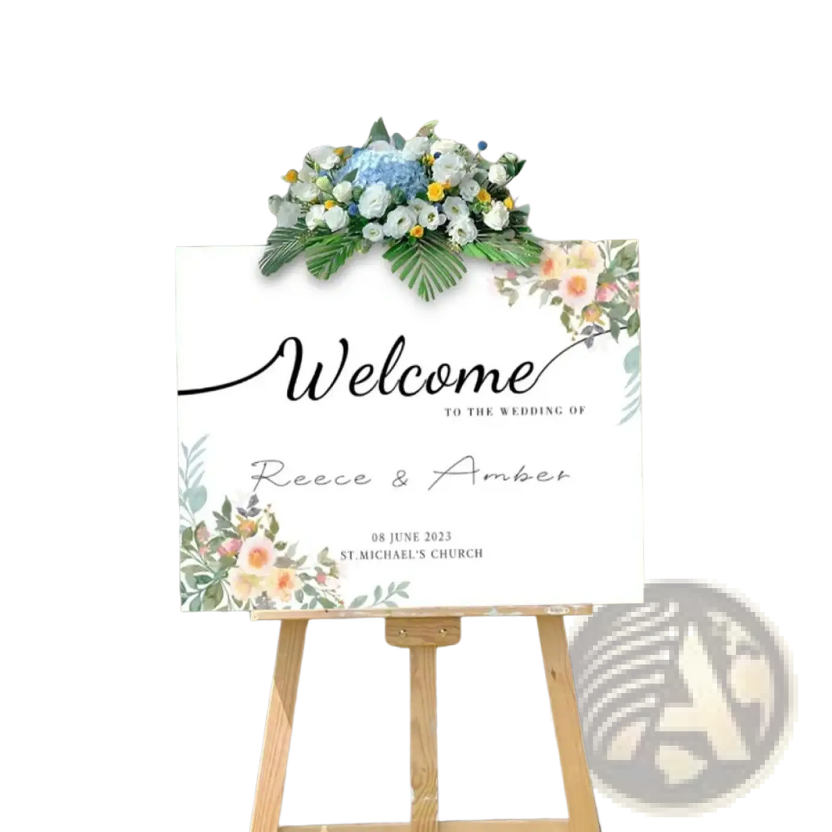 A white floral wedding welcome sign with black cursive lettering and pastel flower illustrations on wooden easel