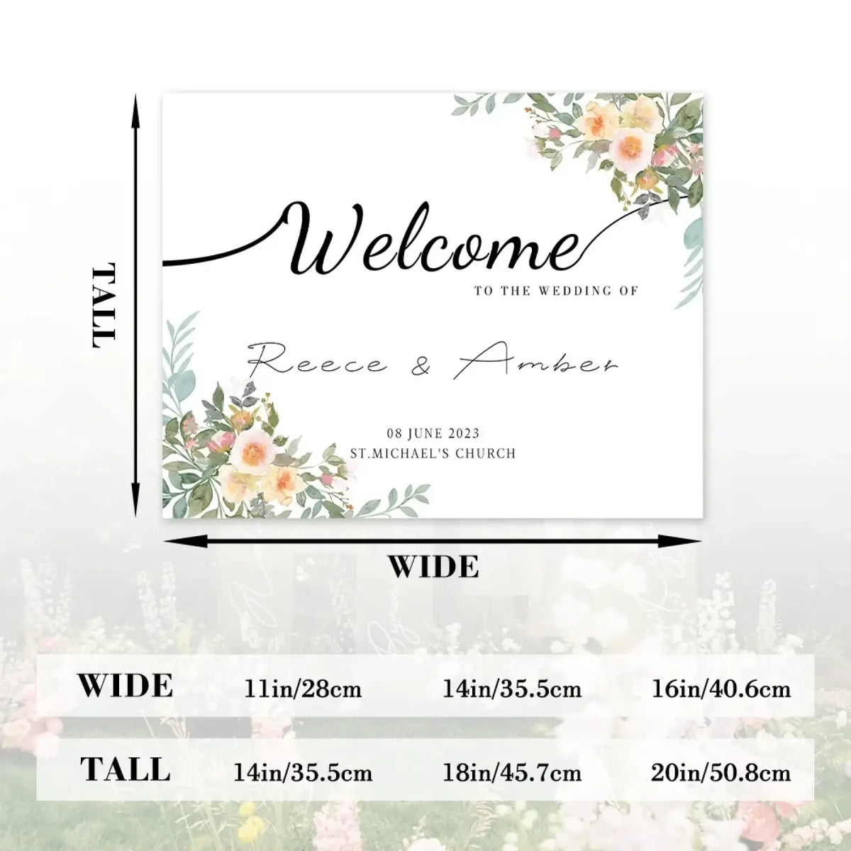 Custom wedding welcome sign floral personalized decor with white background black cursive and peach pink green watercolor florals