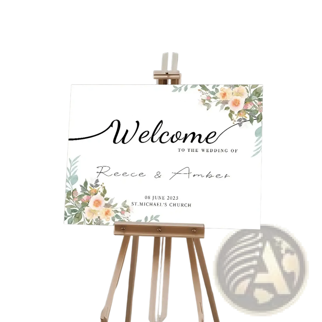 Custom wedding welcome sign with white background, delicate peach and green floral illustrations, and black cursive names reece and amber