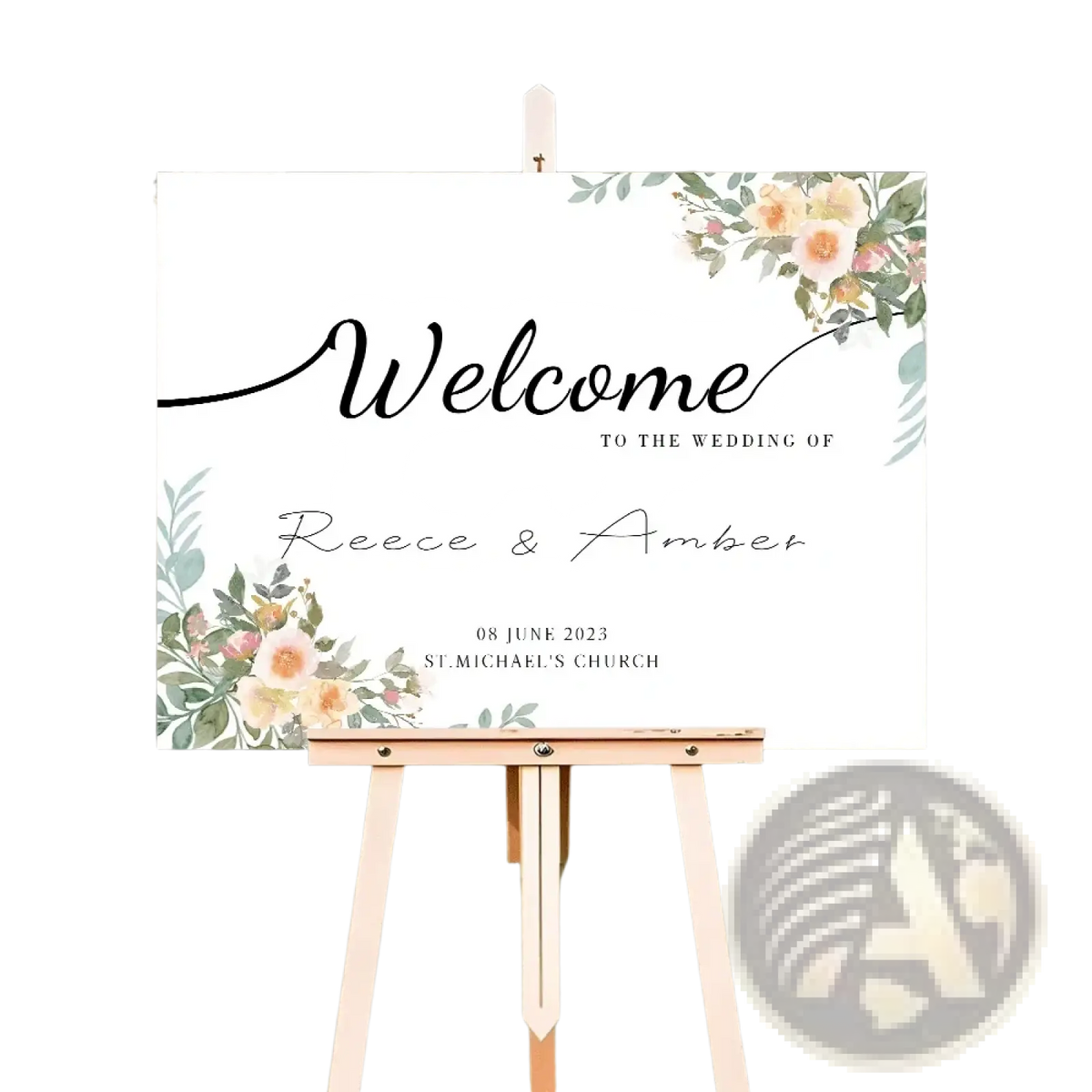 Custom wedding welcome sign with delicate peach and pink floral watercolor accents on white board displayed on light wood easel