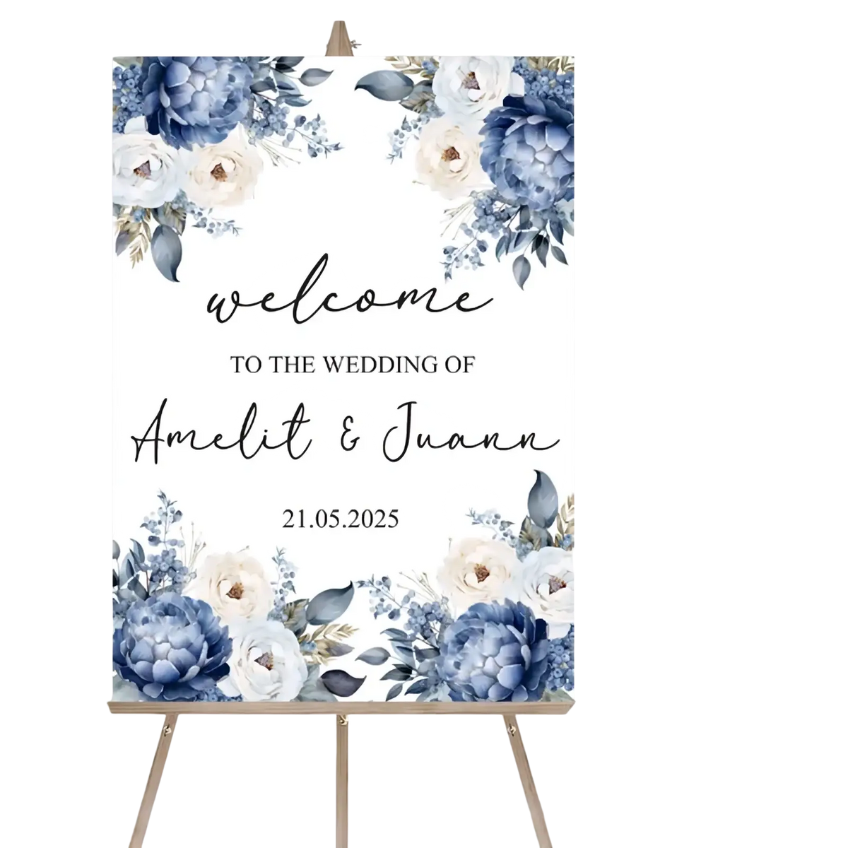 Custom wedding welcome sign on foam board with navy blue and white peonies displayed on a wooden easel