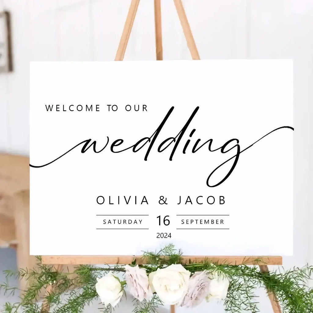Custom wedding welcome sign in white foam board with black calligraphy and modern typography for event decor