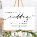 Custom wedding welcome sign in white foam board with black calligraphy and modern typography for event decor
