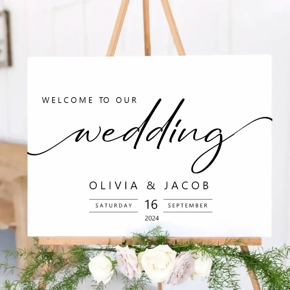 Custom wedding welcome sign in white foam board with black calligraphy and modern typography for event decor