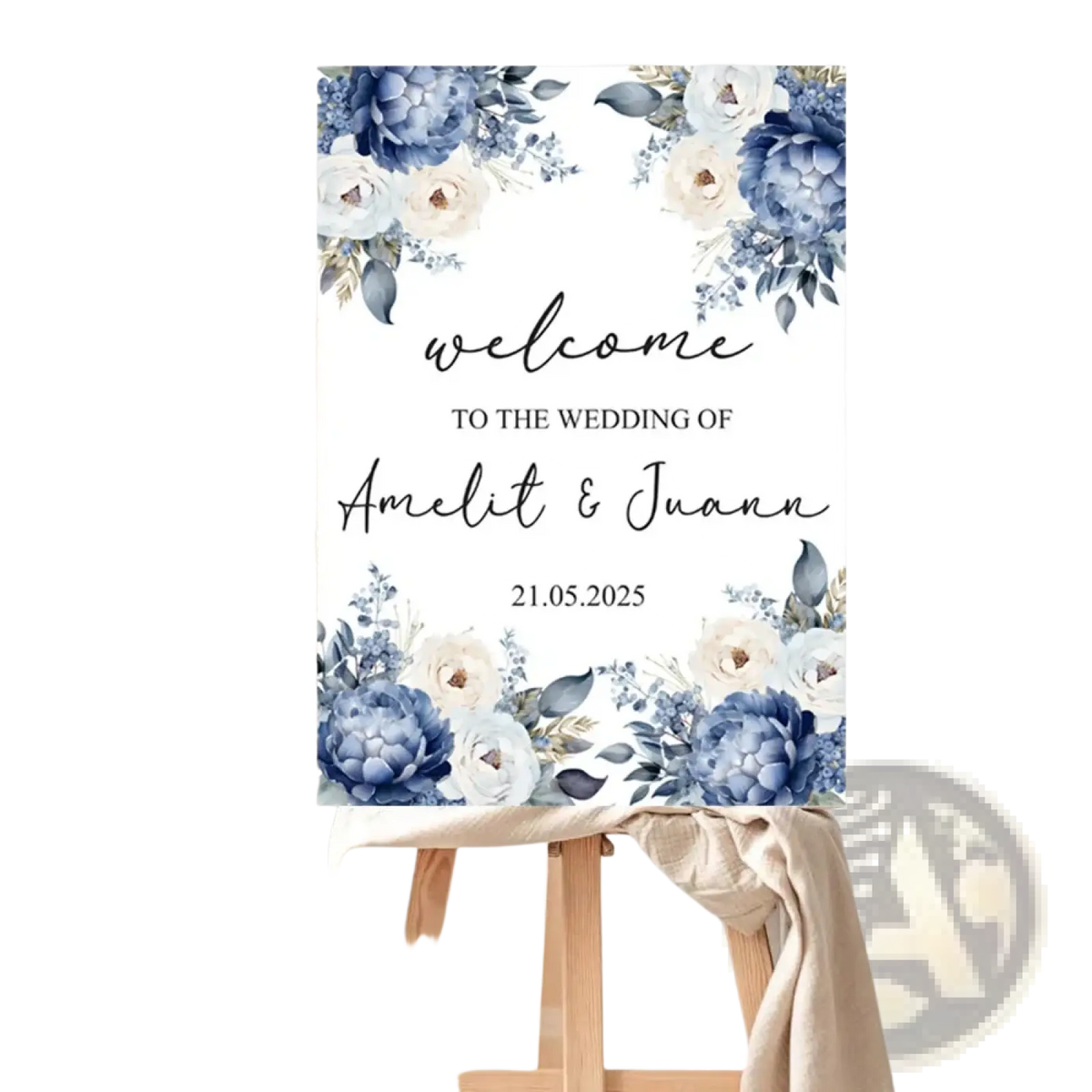 Custom wedding welcome sign on foam board with white background and blue cream floral frame for personalized use