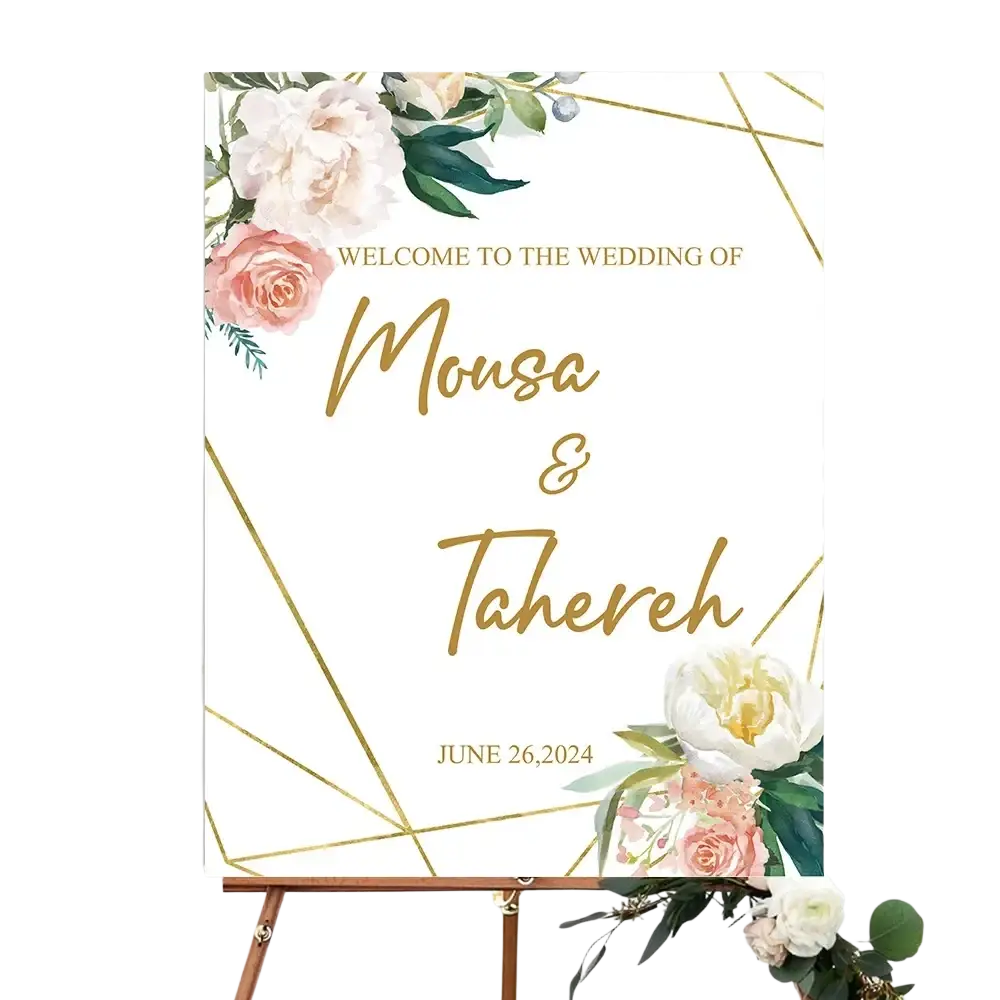 Custom wedding welcome sign personalized foam board with white background gold geometric lines and soft floral accents