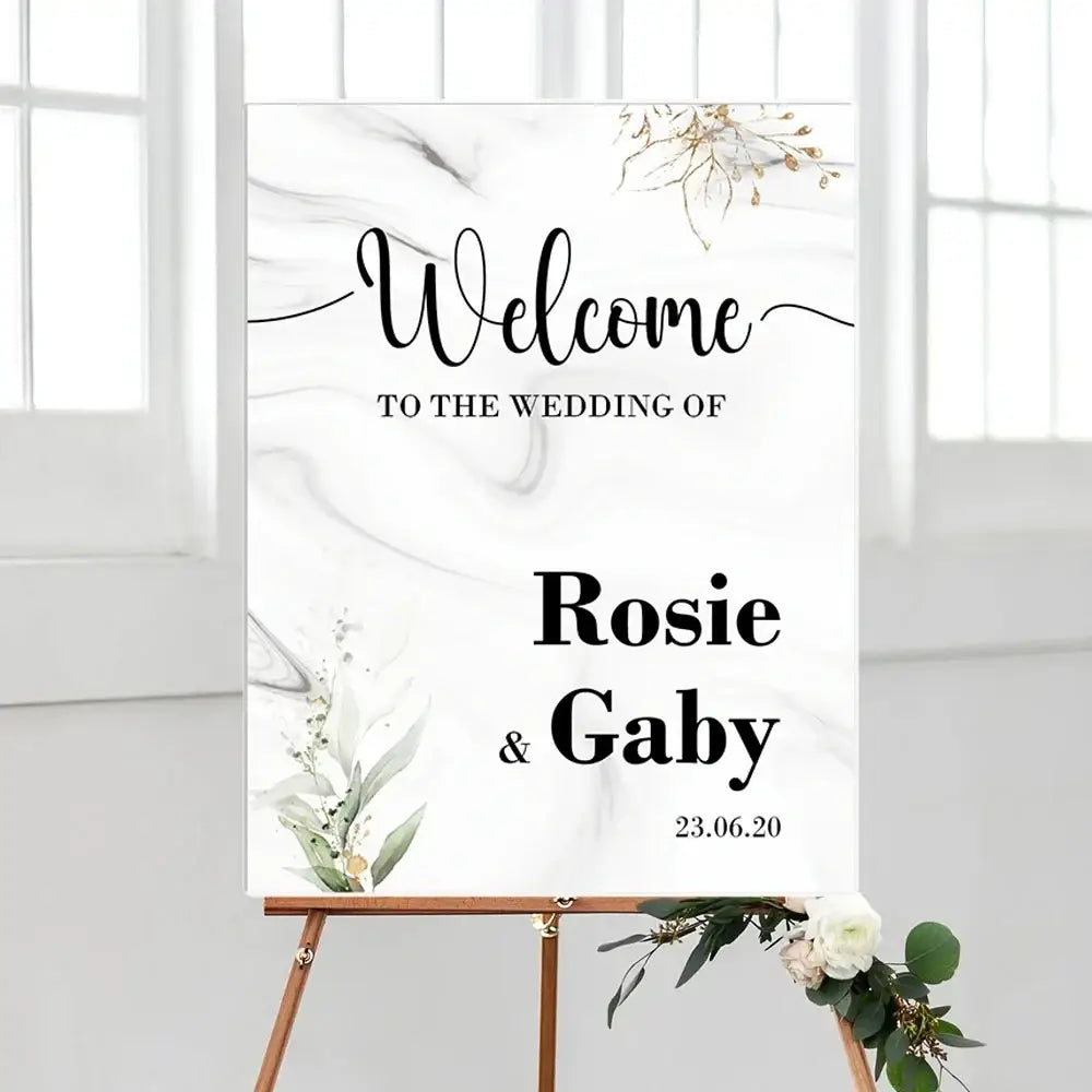 Custom wedding welcome sign personalized foam board with white marble pattern black text and green gold botanical accents