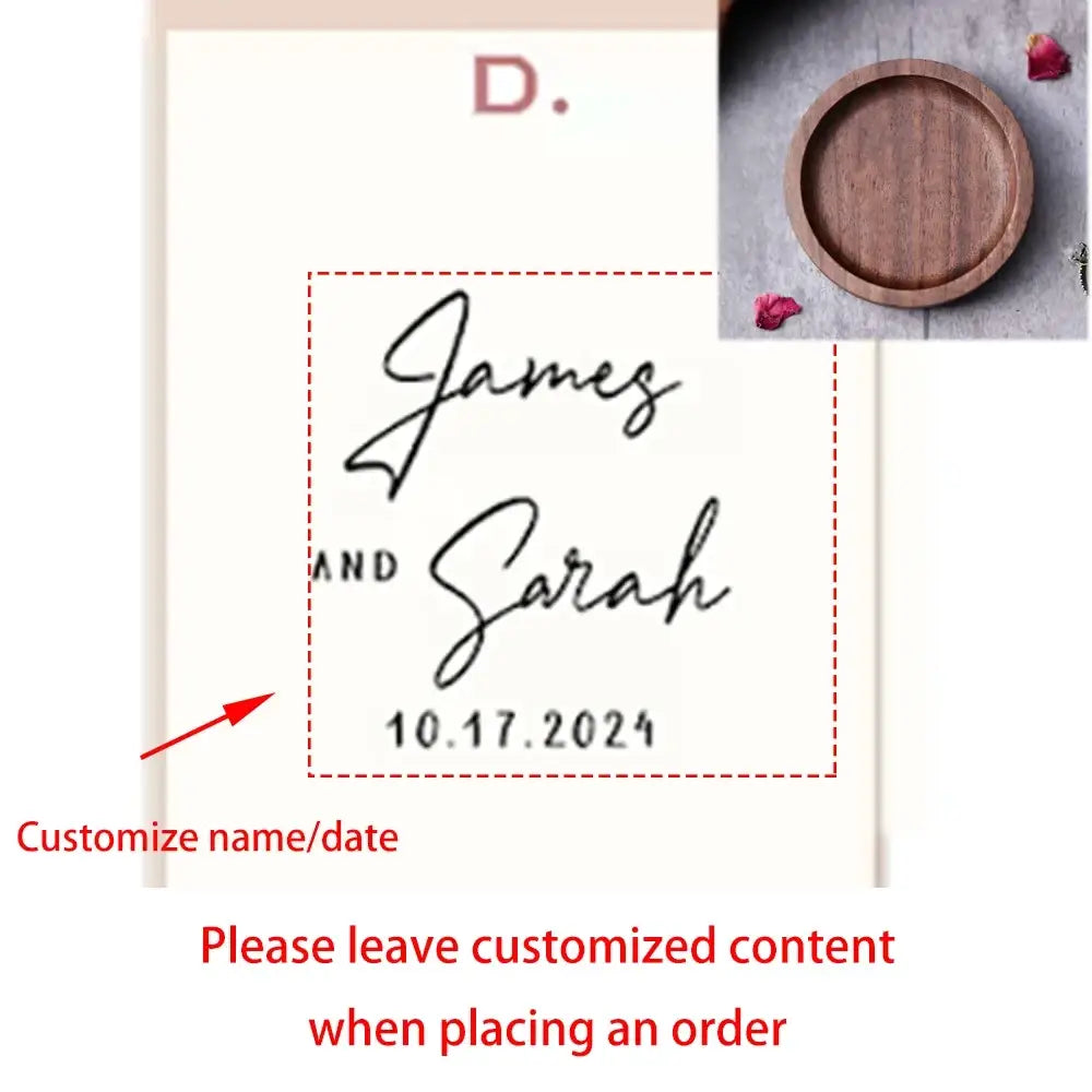 Custom wood ring dish engraved wedding ring holder with customizable black cursive wedding date stamp on cream background