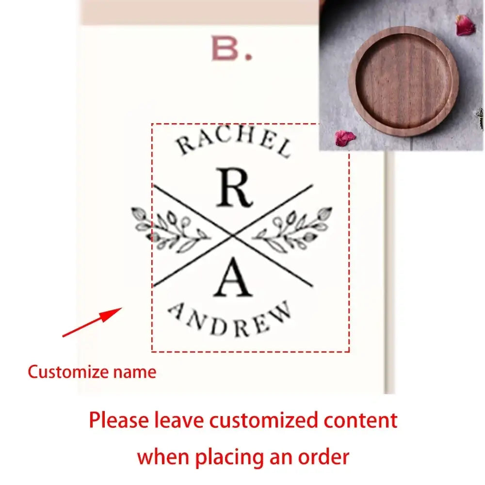 Custom wood ring dish engraved wedding ring holder with a customizable monogram stamp of rachel and andrew in black serif font