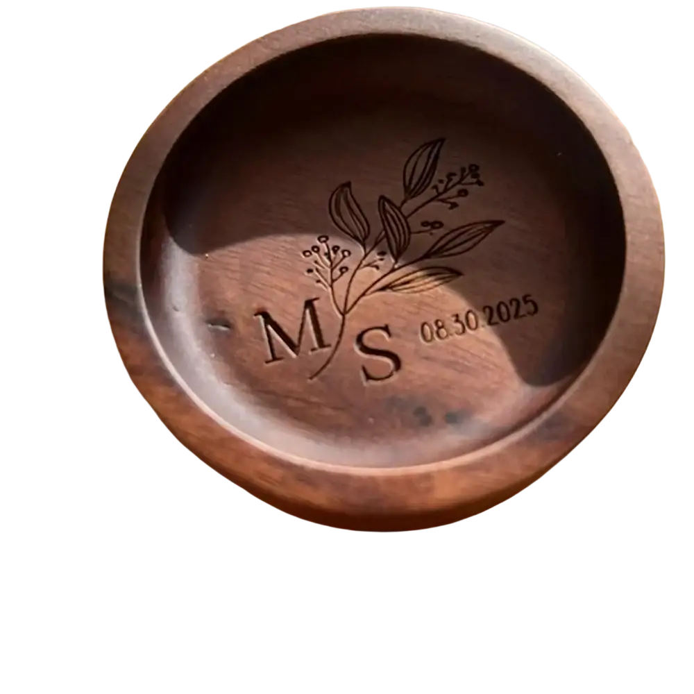 Dark brown wooden ring dish engraved with initials ms floral design and date 08.30.2025 for wedding ring holder