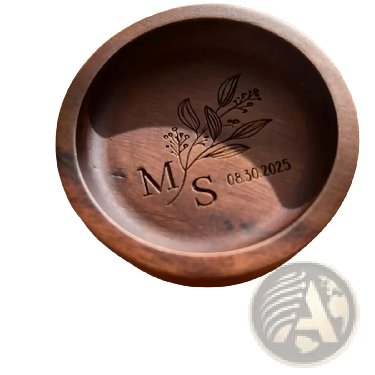 Dark brown wooden ring dish engraved with initials ms floral design and date 08.30.2025 for wedding ring holder