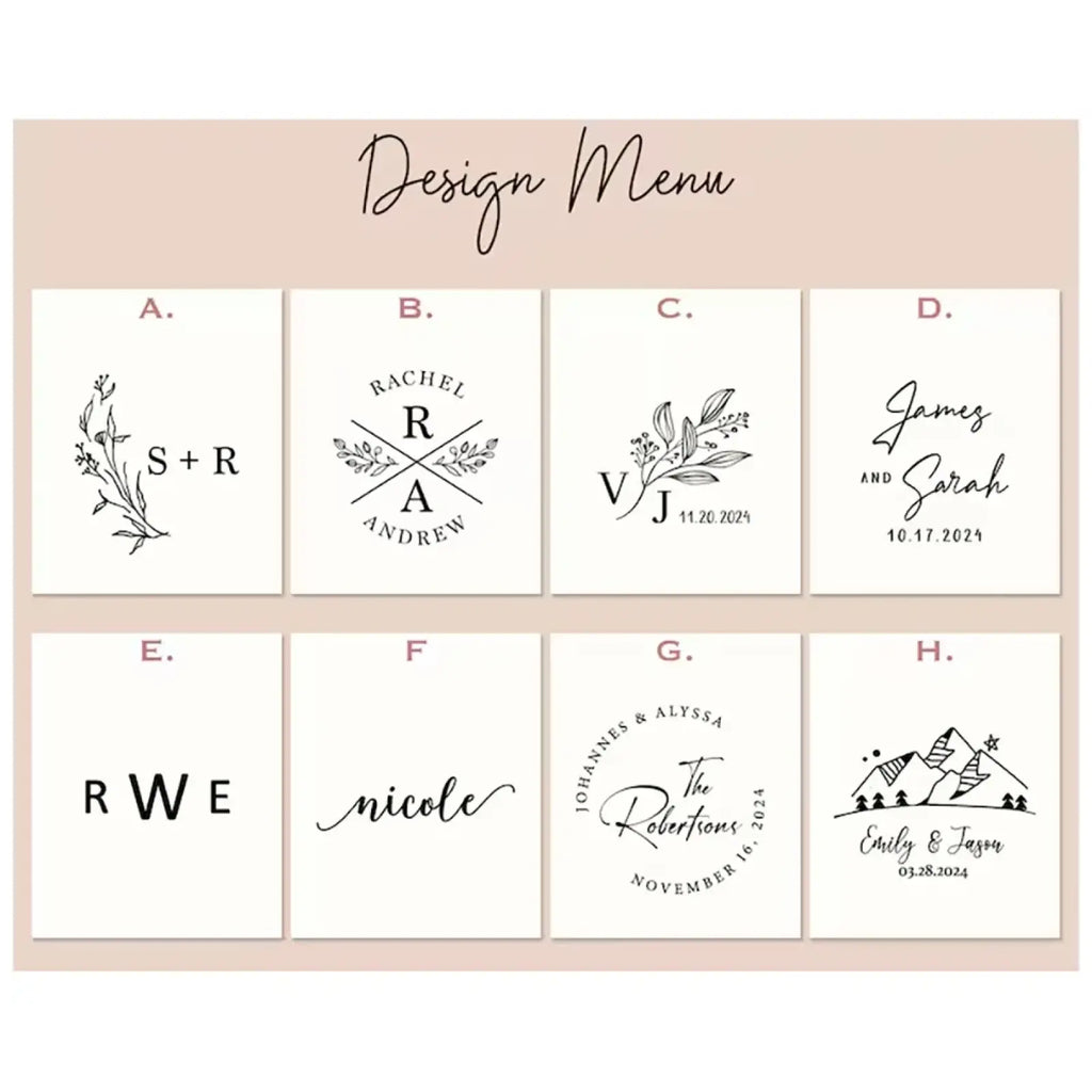 Custom wood ring dish engraved wedding ring holder featuring a design menu of eight black ink wedding monogram options on cream cardstock