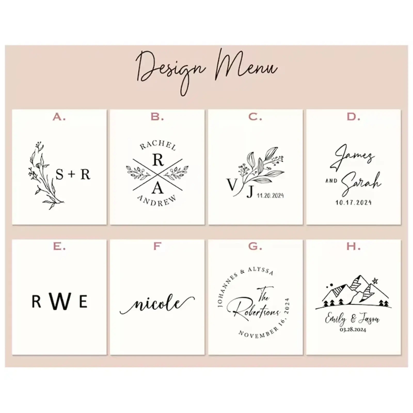 Custom wood ring dish engraved wedding ring holder featuring a design menu of eight black ink wedding monogram options on cream cardstock