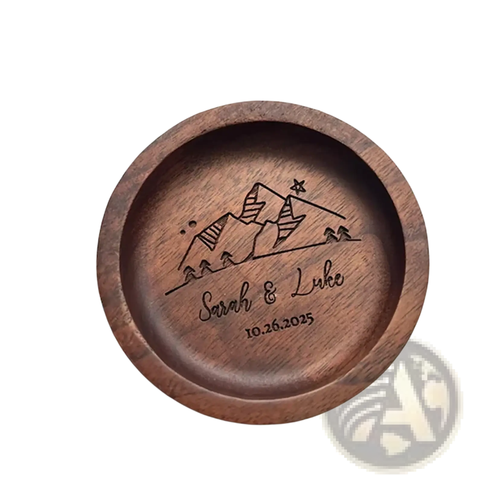 A round dark brown wooden custom wood ring dish with laser engraved mountain landscape names sarah and luke date 10.26.2025