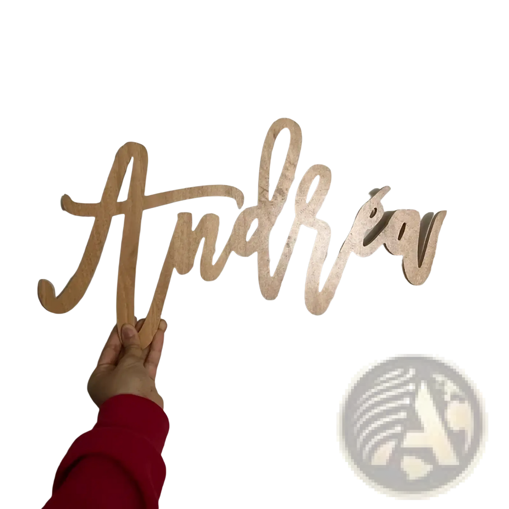 Custom wooden baby name sign in light-colored wood with the name Andrew in flowing cursive for nursery wall decor