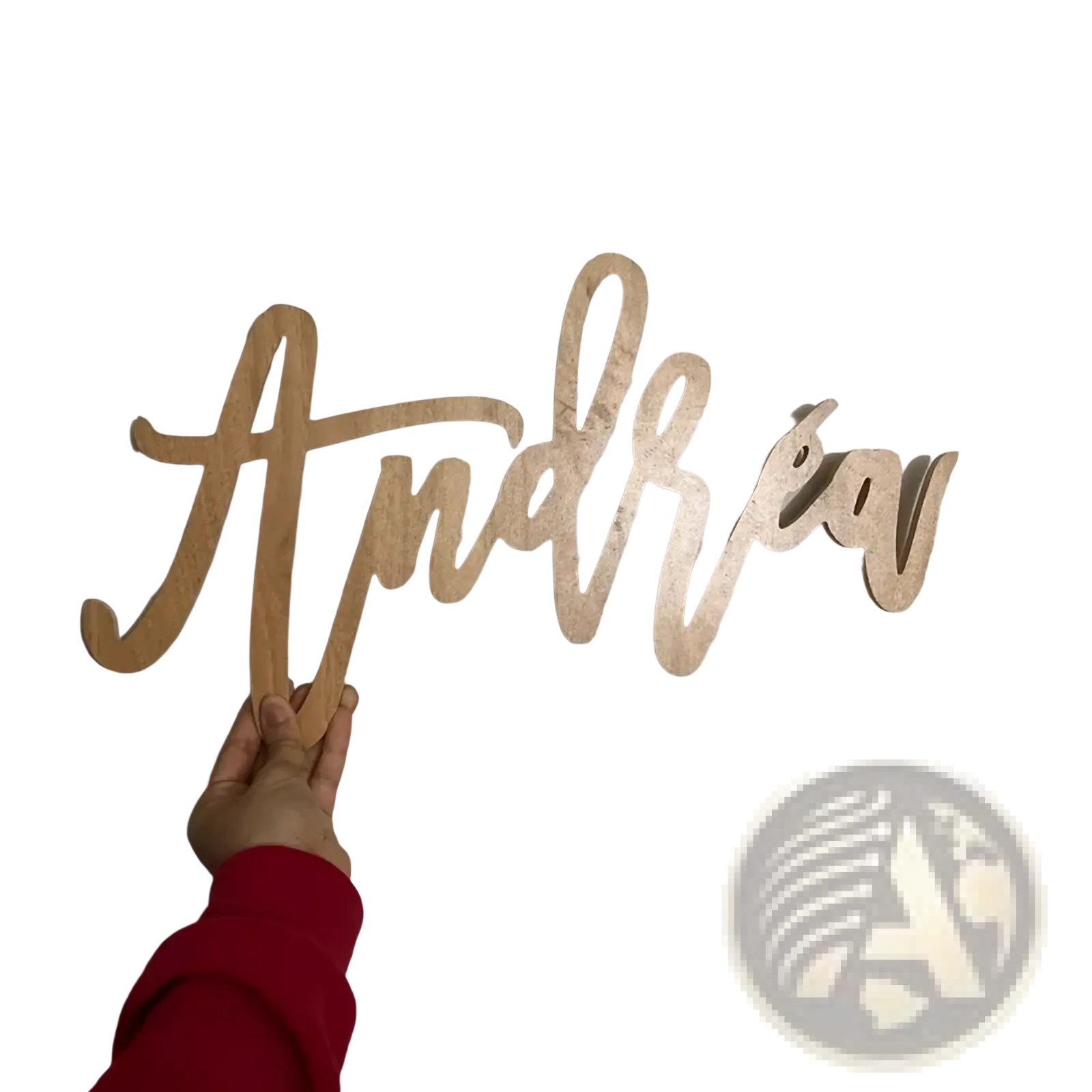 Custom wooden baby name sign in light-colored wood with the name Andrew in flowing cursive for nursery wall decor