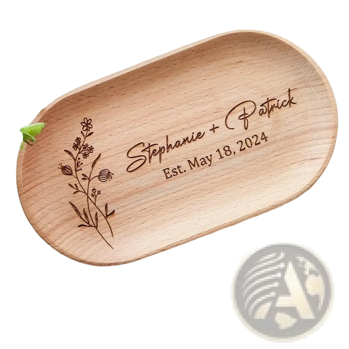 Light brown wooden oval tray with engraved floral design and personalized names stephanie plus patrick and date est