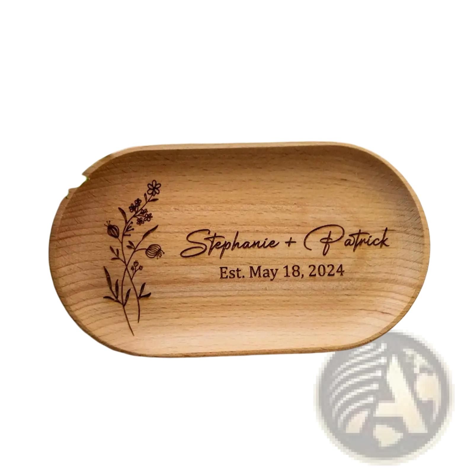 Light brown wooden oval tray engraved with floral design personalized with names stephanie and patrick and date est