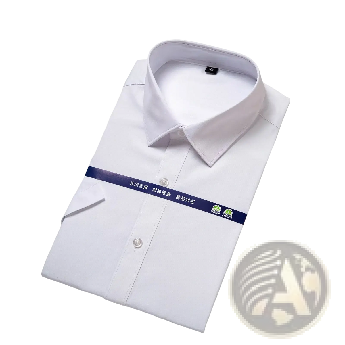 A crisp white short-sleeved cotton men’s dress shirt with classic collar for business uniform apparels