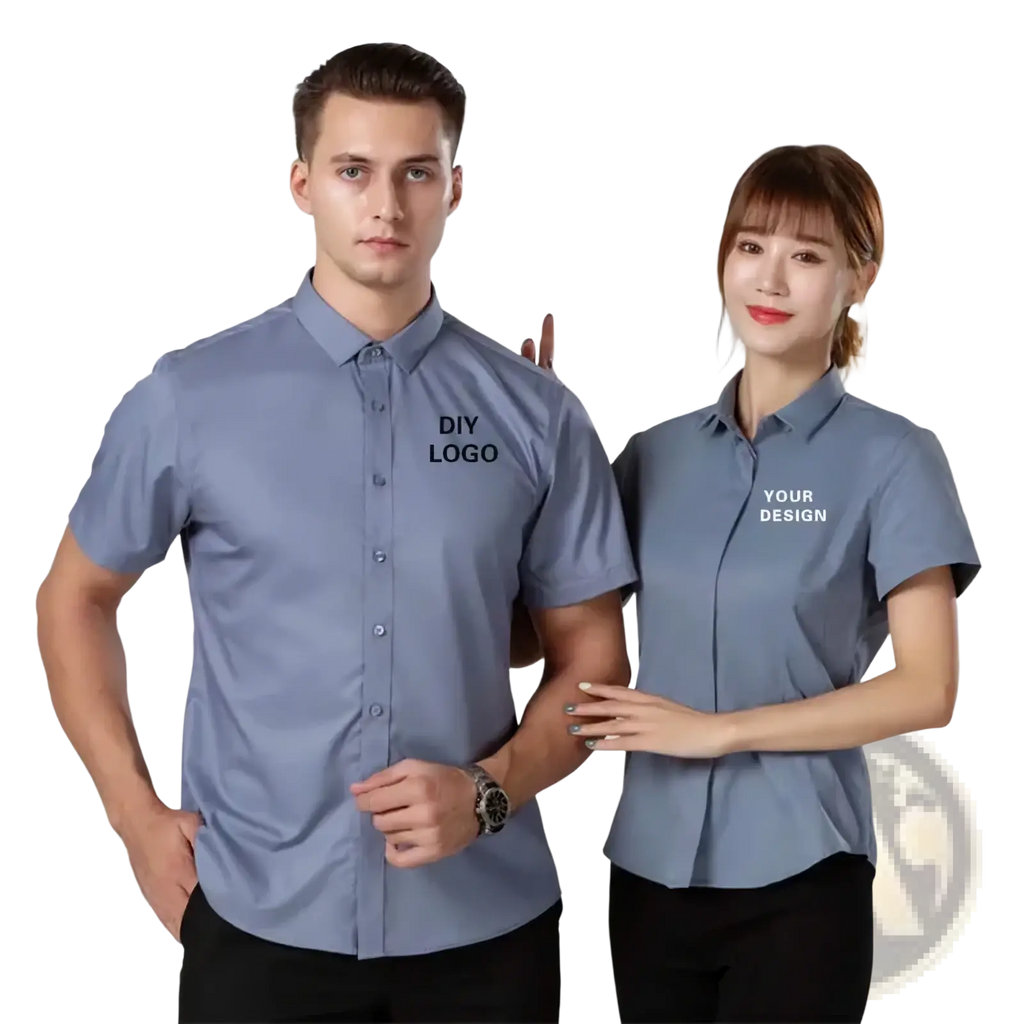 Light blue short-sleeved button-up workwear shirt with collar and customizable logo printing on the chest for business uniform