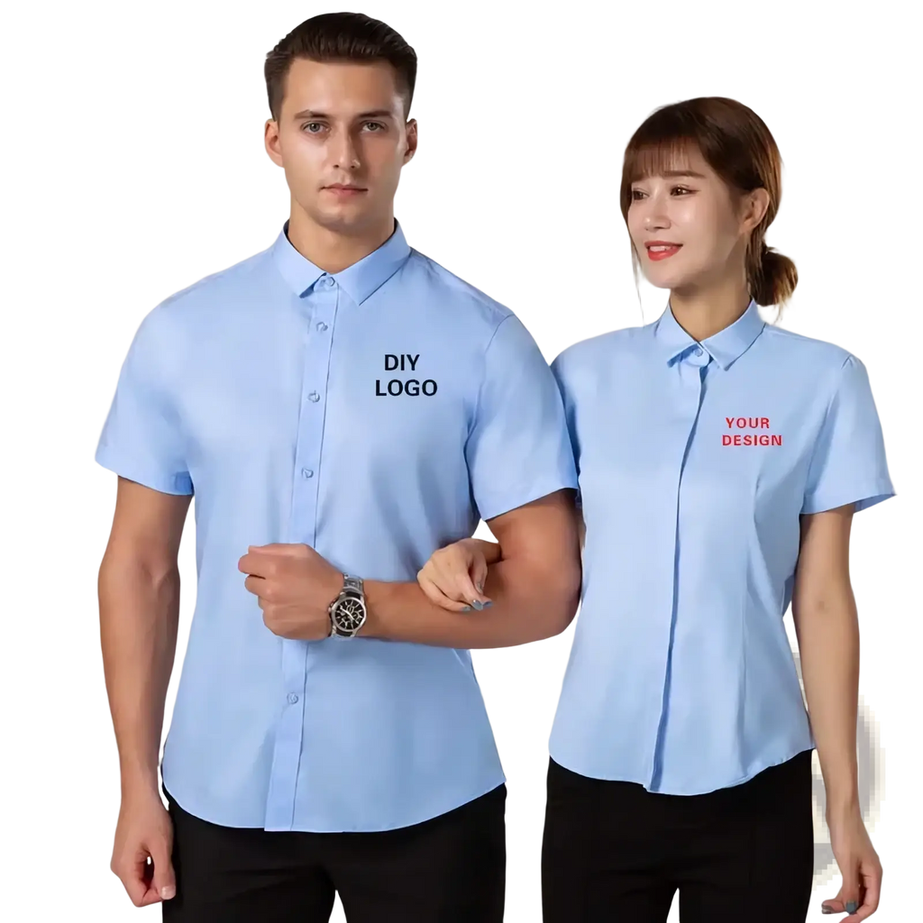 Light blue short-sleeved button-up workwear shirts with customizable logo printing on the chest for business uniforms