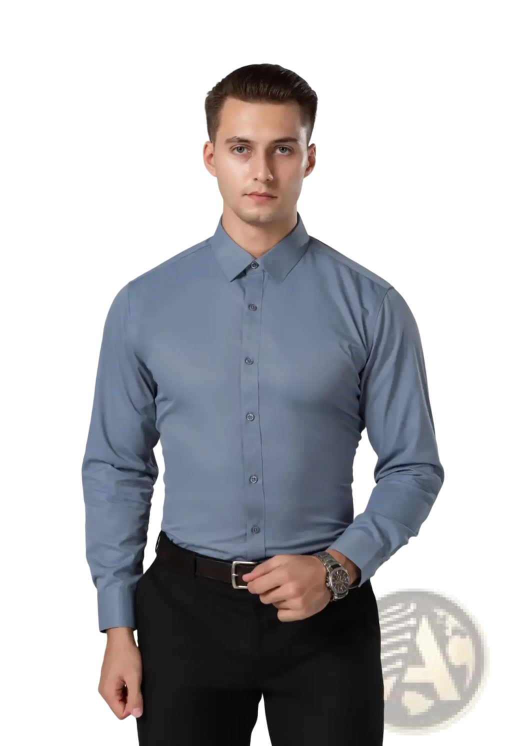 A sleek light blue custom workwear shirt with classic collar and button-down front for business uniform apparel