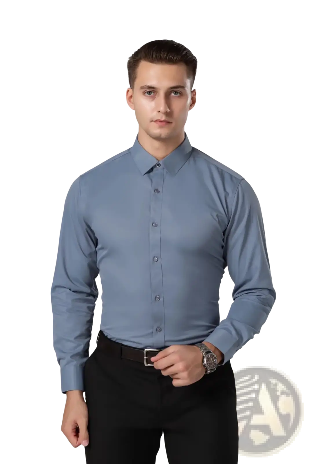 A sleek light blue custom workwear shirt with classic collar and button-down front for business uniform apparel
