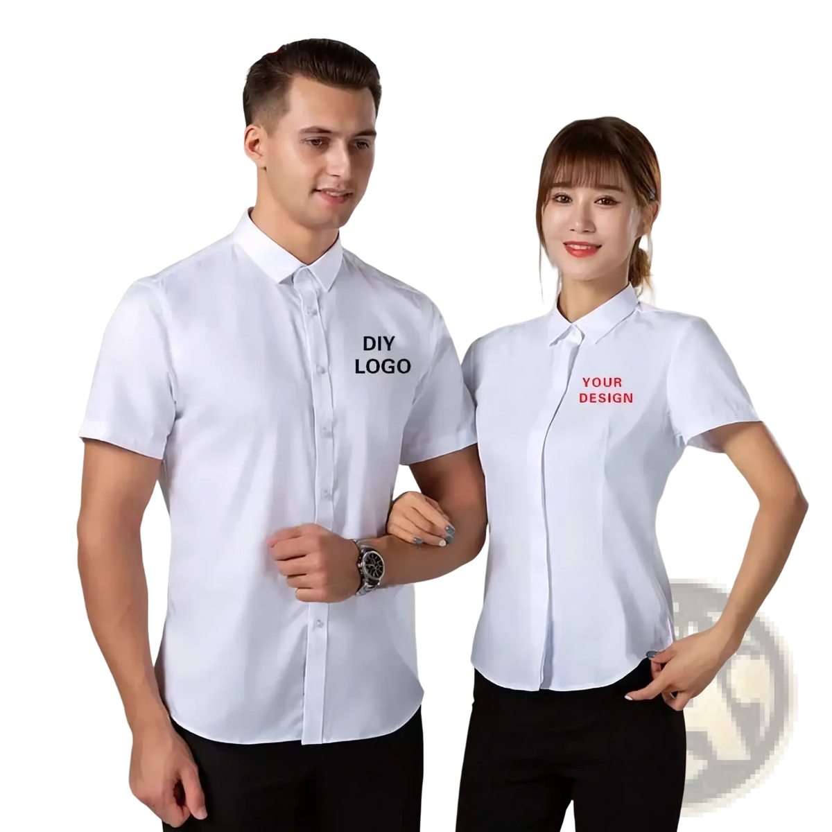 White short-sleeved button-up workwear shirts with customizable logo printing for business uniform apparel