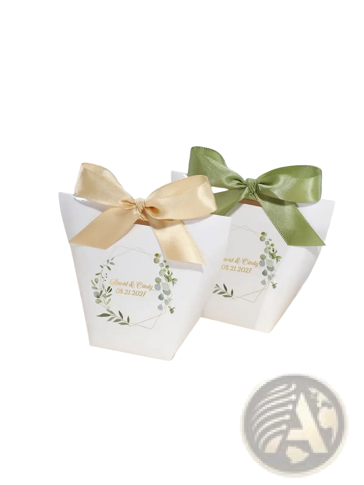 Customizable floral wedding favor boxes 50pcs white paper with green leafy wreaths gold foil text and satin ribbon bows