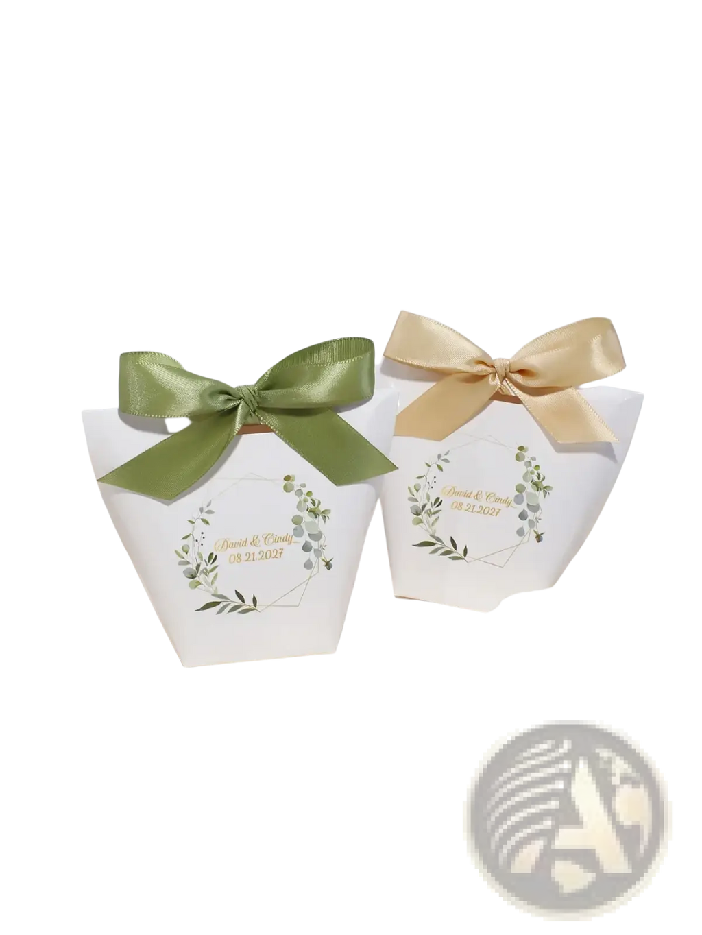 Customizable white paper wedding favor boxes with green and gold satin bows and delicate botanical wreath designs 50pcs