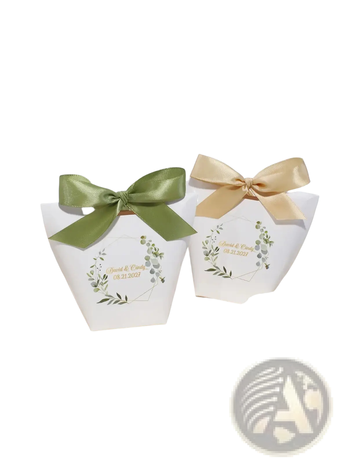 Customizable white paper wedding favor boxes with green and gold satin bows and delicate botanical wreath designs 50pcs