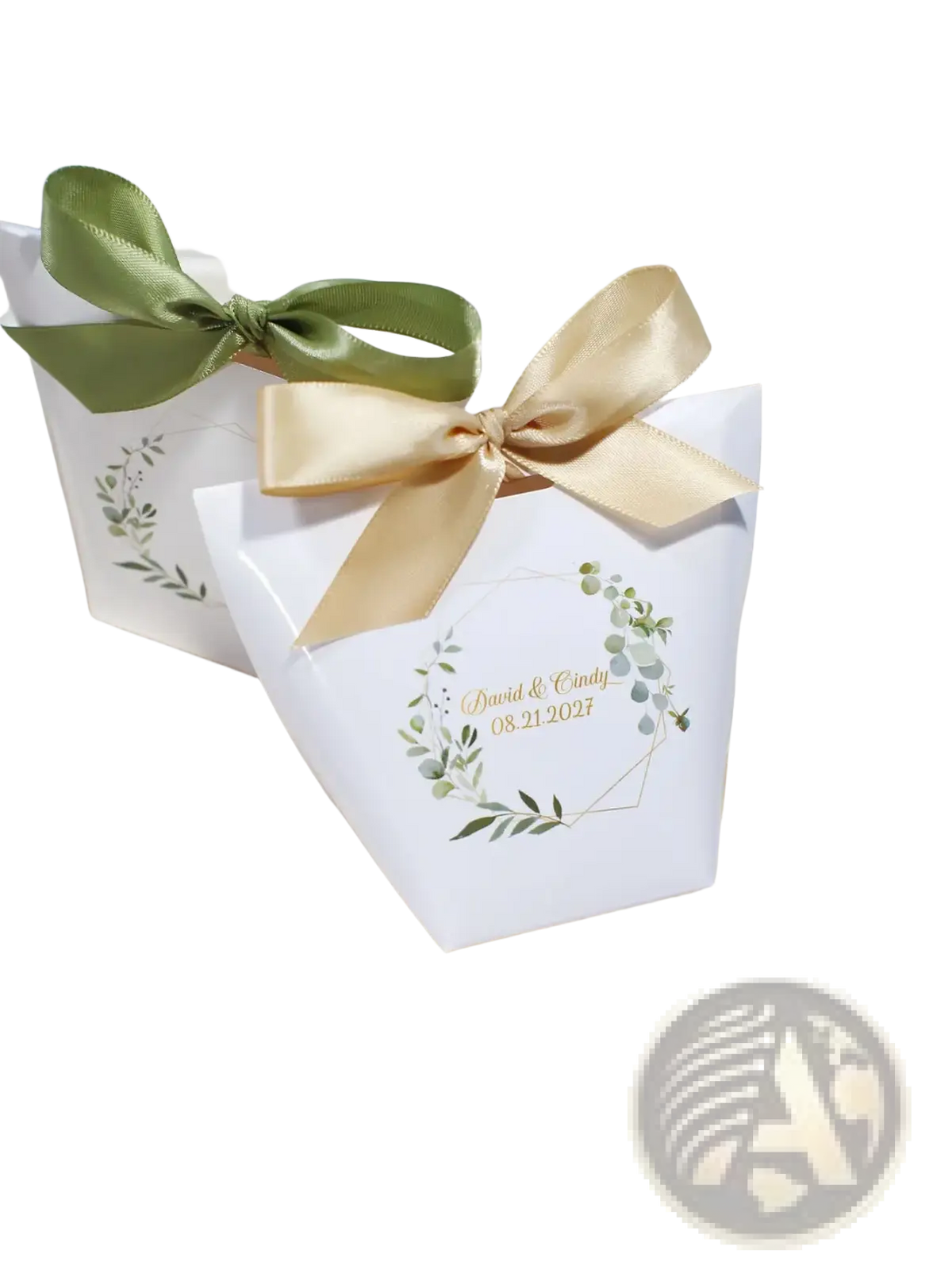 Customizable floral wedding favor boxes 50pcs white paper with green and gold leaf wreath and satin bows