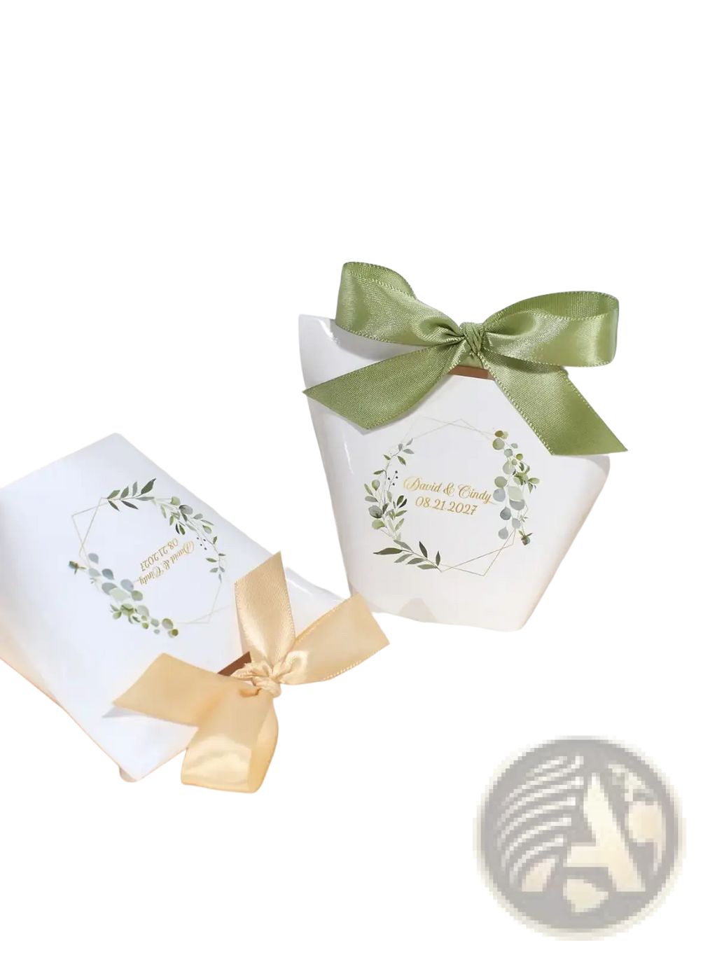 Customizable white paper wedding favor box with green leafy wreath and olive green satin bow for floral favors 50pcs