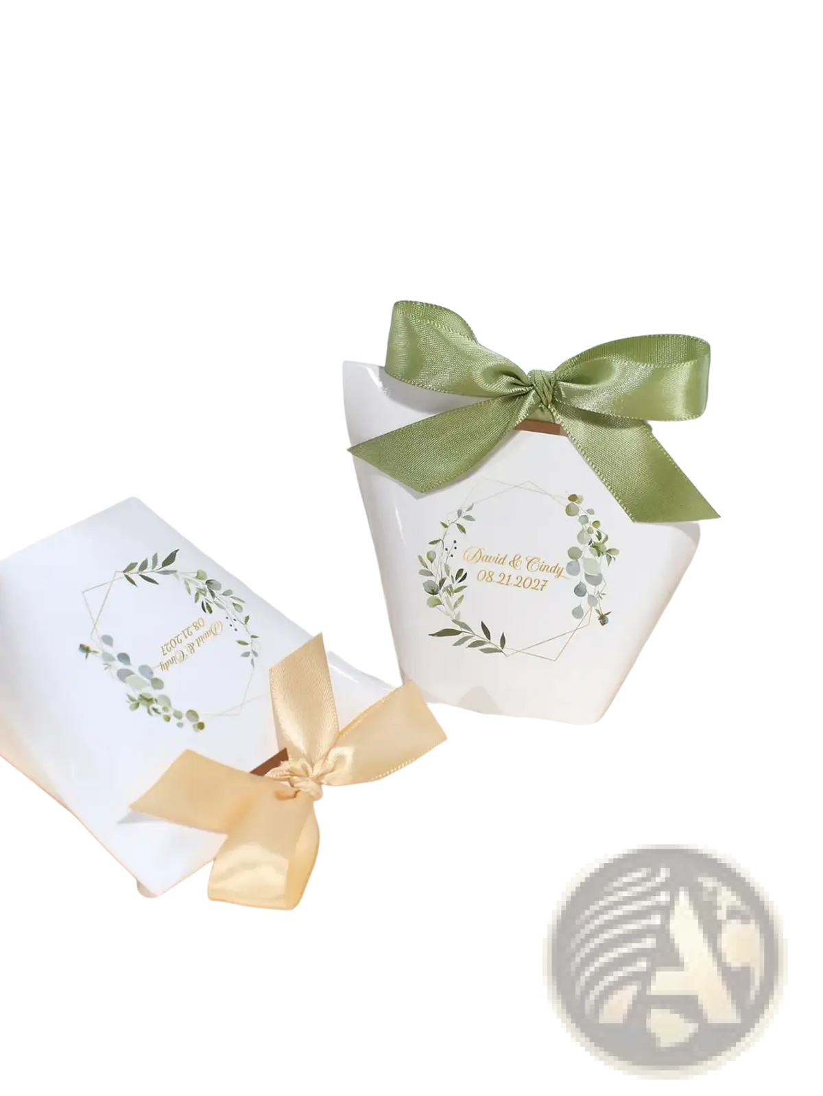 Customizable white paper wedding favor box with green leafy wreath and olive green satin bow for floral favors 50pcs