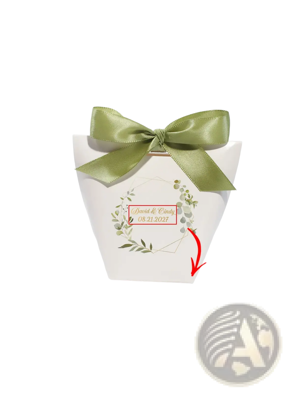 Customizable white paper wedding favor box with sage green satin bow and botanical wreath design with names and date