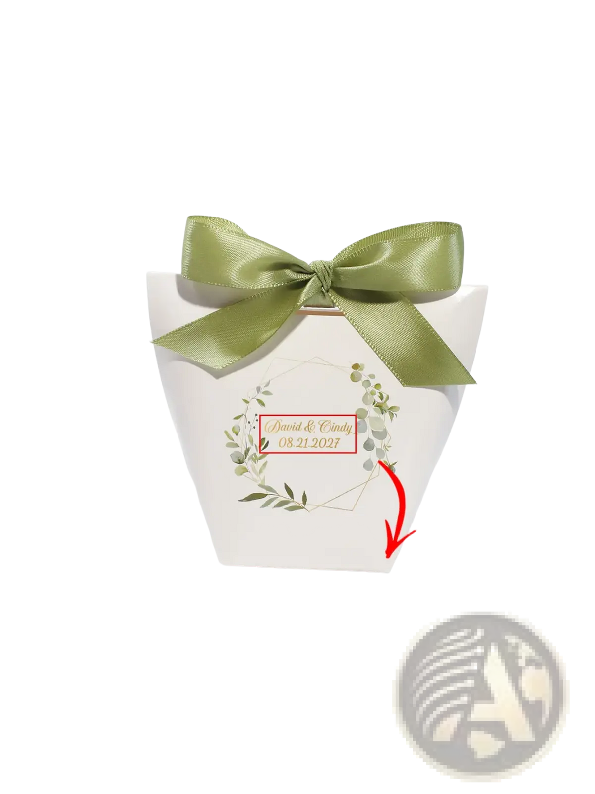 Customizable white paper wedding favor box with sage green satin bow and botanical wreath design with names and date