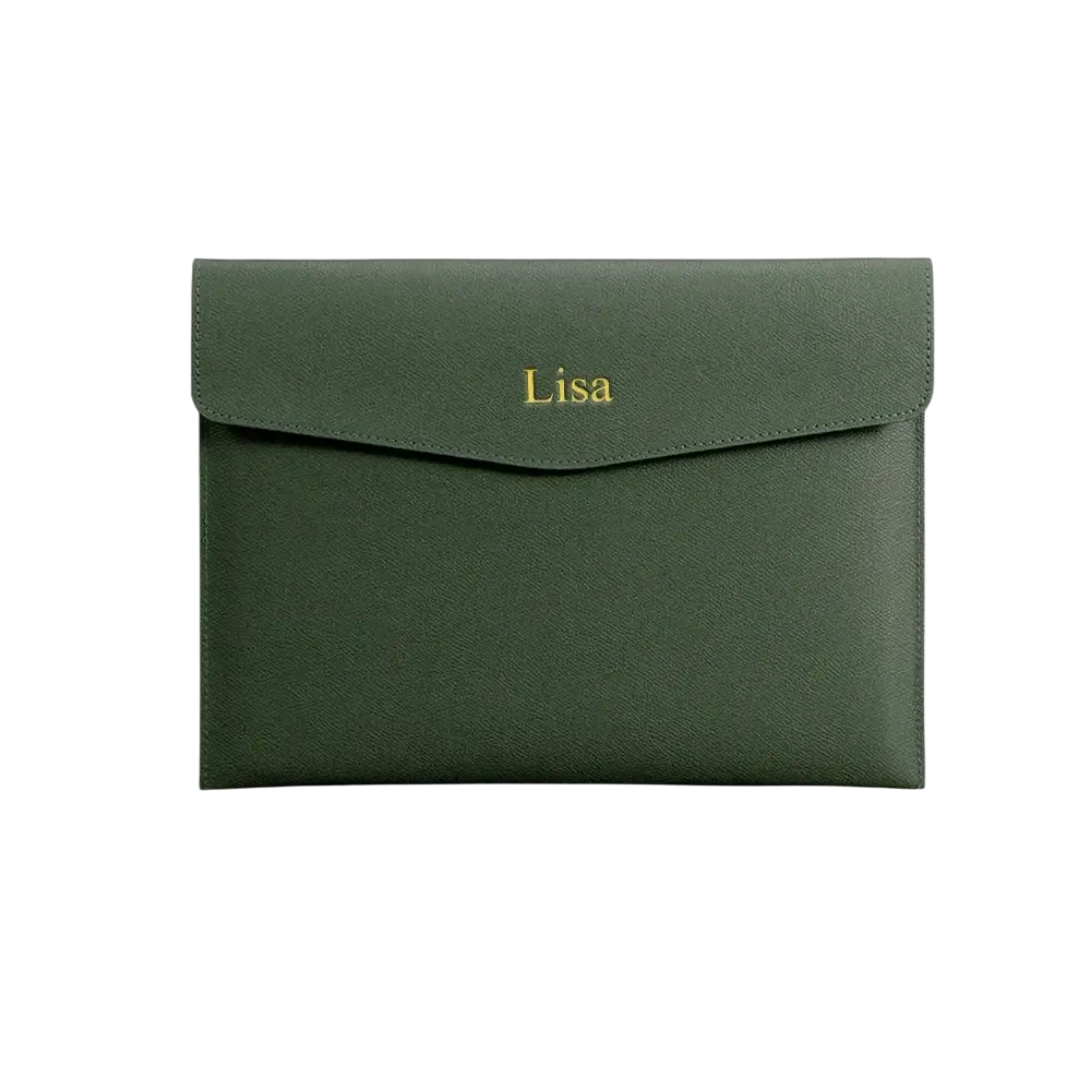 Dark green customized a4 leather file bag with gold monogrammed name lisa for business office use