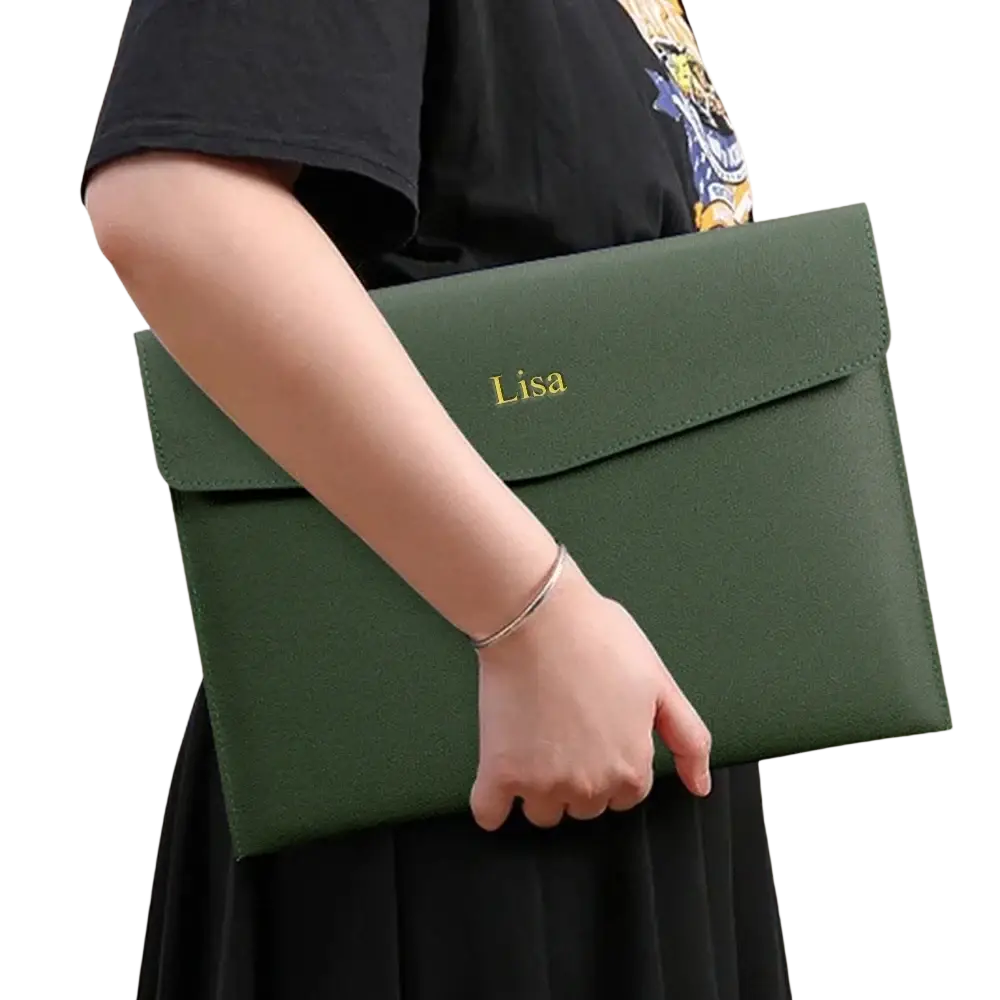 Dark green customized a4 leather file bag with gold embossed name lisa designed for business office use