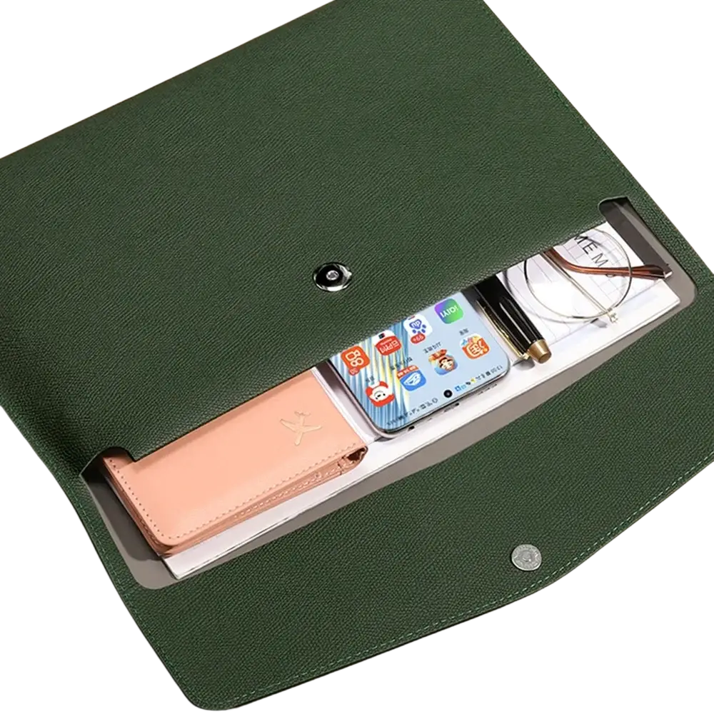 Dark green textured customized a4 leather file bag with silver snap button and interior compartments for business office use