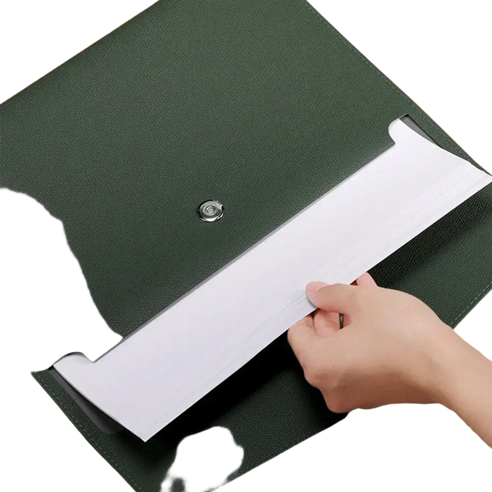 Dark green textured customized a4 leather file bag with silver snap button closure for business office use