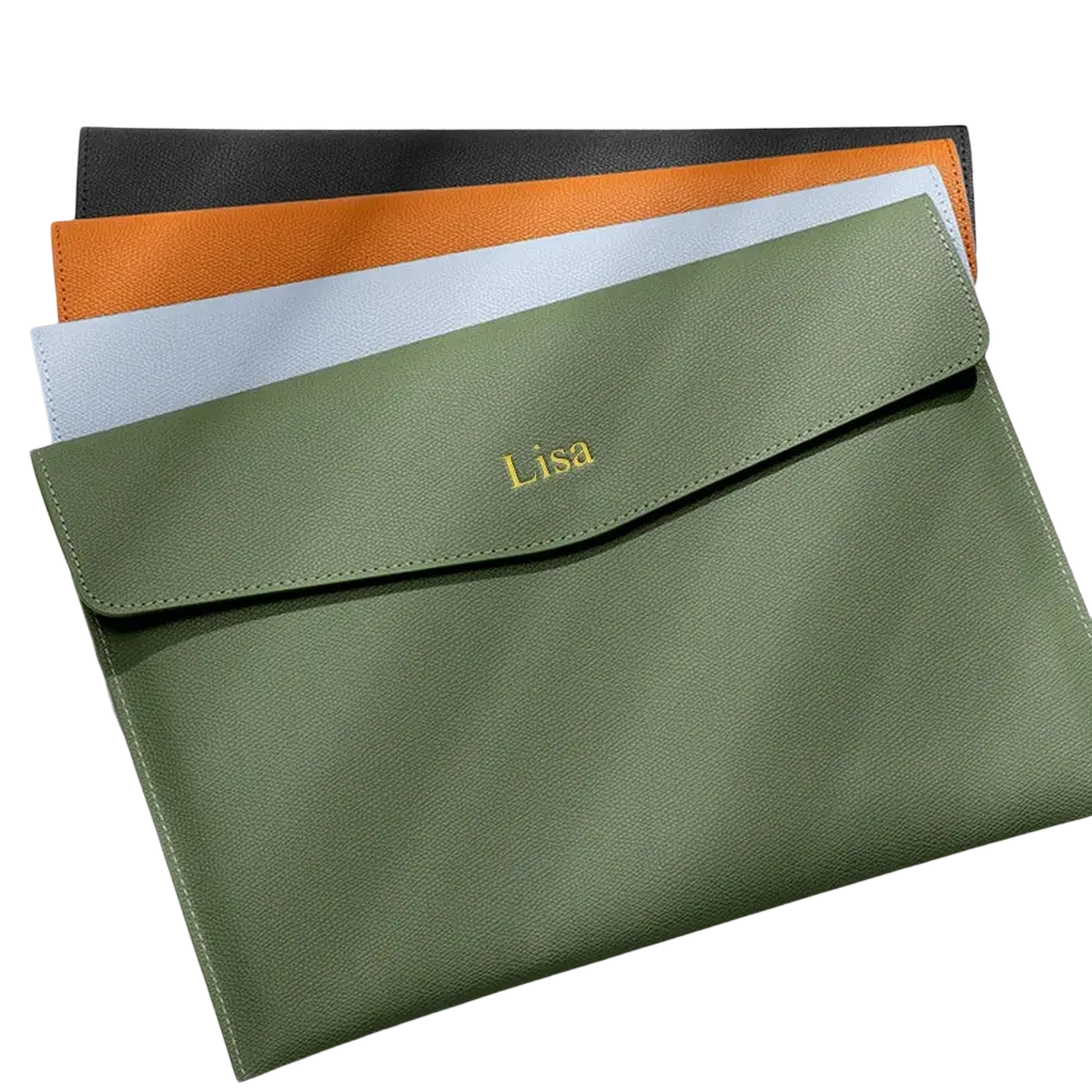 Olive green textured leather file envelope with gold monogrammed name lisa for customized a4 leather business office use