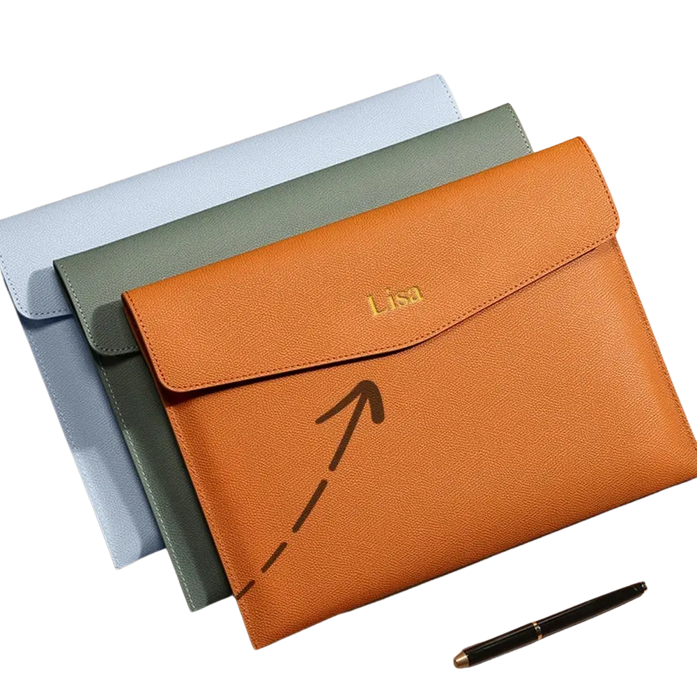 Customized a4 leather file bag in orange with textured surface and personalized name lisa in gold foil for business office use
