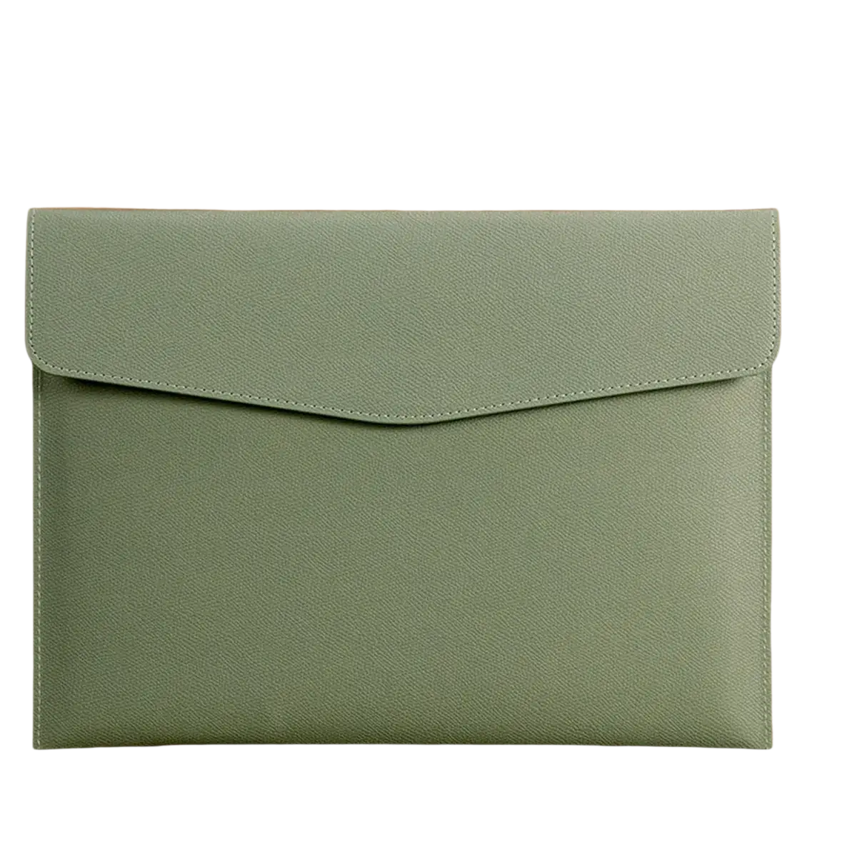 A sage green customized a4 leather file bag with textured faux leather and stitching for business office use