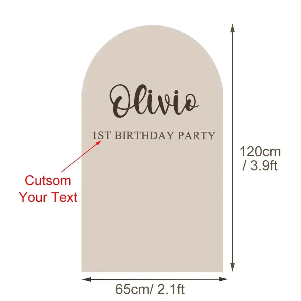 Beige arched customized backdrop board with elegant black cursive and sans-serif fonts for baby shower parties