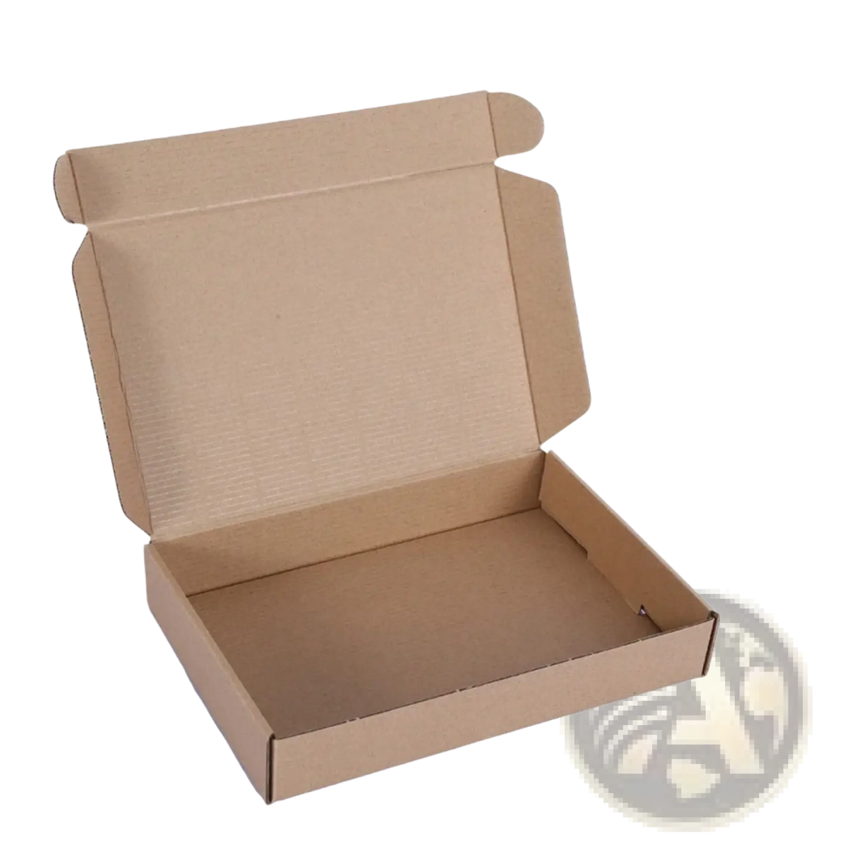 A plain brown cardboard box with hinged lid open for packing a customized arch backdrop board for baby shower