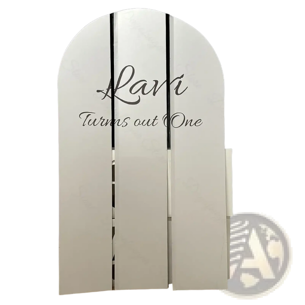 Customized white arched backdrop board with black cursive text for baby shower photo booth decoration