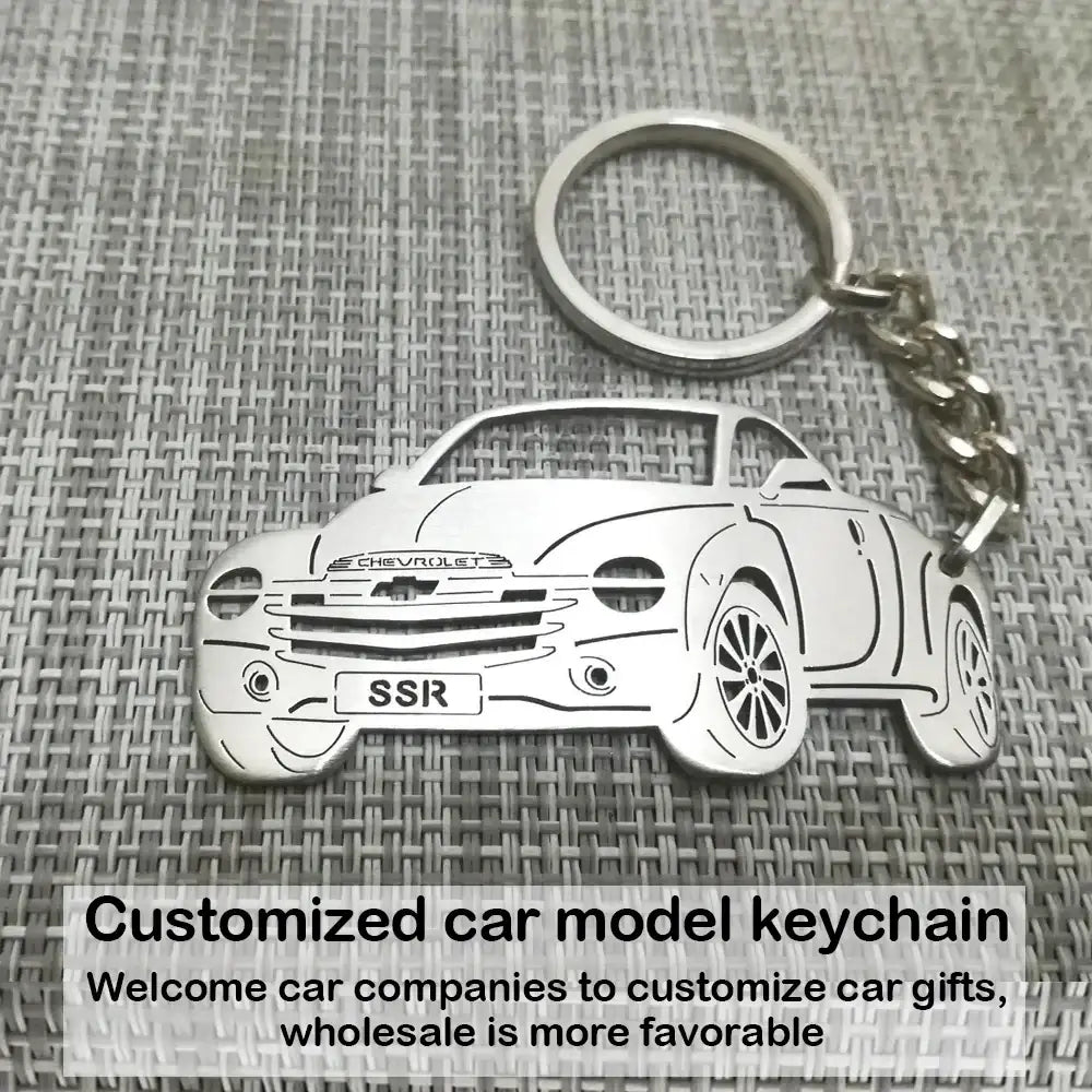 Customized car model metal keychain silver metallic chevrolet ssr design with detailed outline and chrome chain attachment