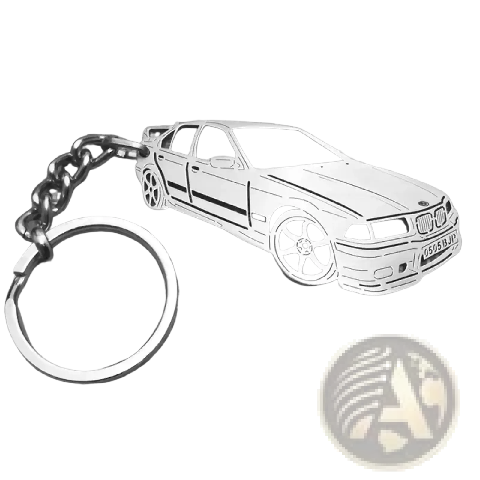 Customized silver metal keychain shaped like a BMW e36 sedan with detailed wheels and grille for car enthusiasts