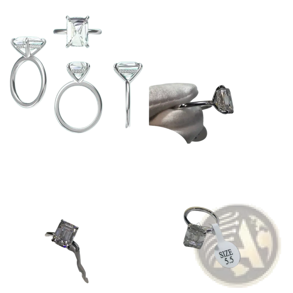 A sleek silver-toned engagement ring with an emerald-cut diamond in a four-prong setting for fine jewelry collection
