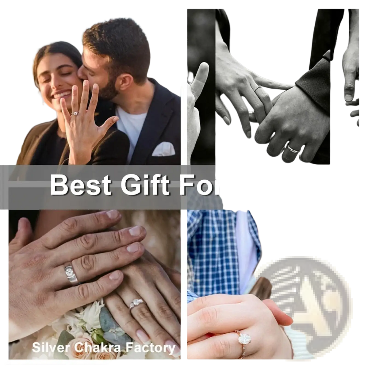 Silver solitaire engagement rings with clear gemstones displayed on hands in romantic settings for fine jewelry gifting